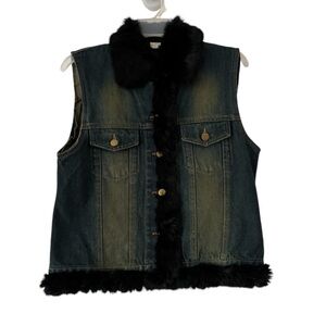 Cejon Rabbit Fur Dark Wash Color Distressed Button Front Denim Vest